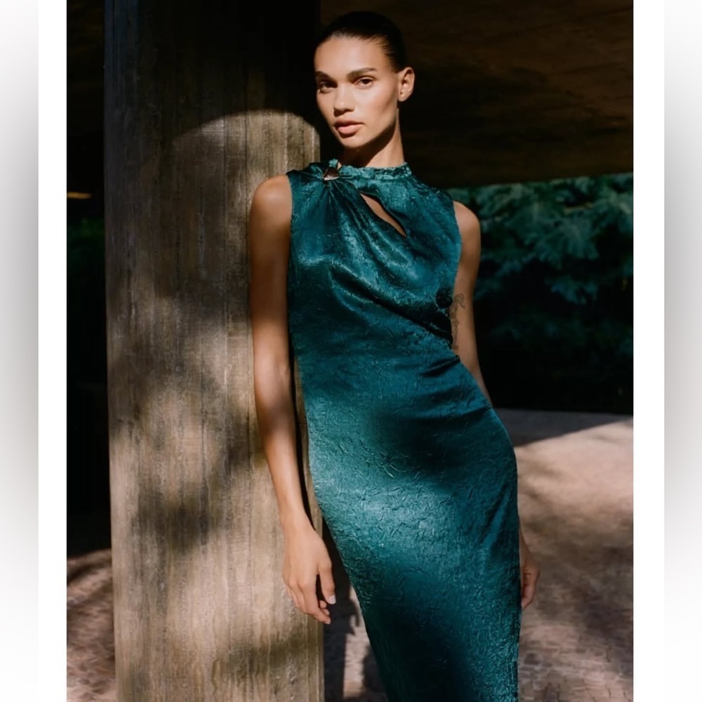 ZARA Silver-colored Appliqué Satin Midi Dress Duck Green